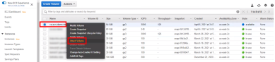 Created volume window in AWS, with the  right-click menu expanded to display the Attach Volume option. 